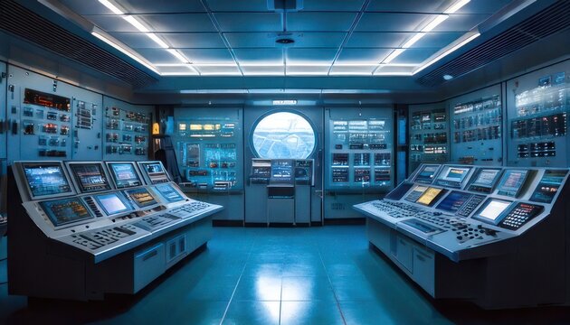 Futuristic Control Room with Multiple Screens and Blue Lighting.