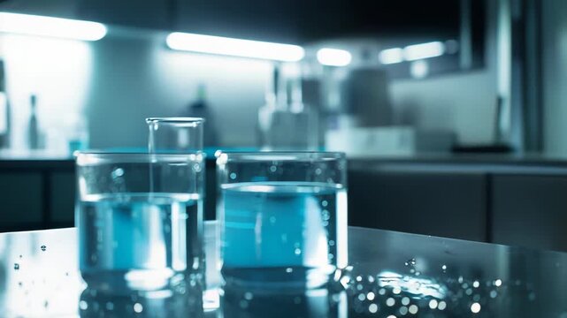 Two beakers containing blue liquid sit on a metallic laboratory surface, surrounded by water droplets and reflecting the bright overhead lights, creating a modern scientific research environment