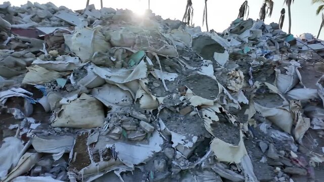 A video shows a massive pile of trash and debris in a desolate landscape