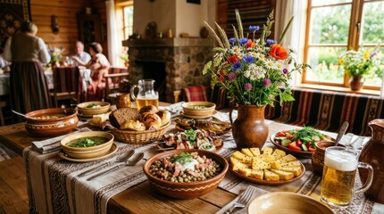 Fototapeta premium Close-up. A table set with traditional Latvian dishes. A beautiful festive atmosphere, an opulent interior.