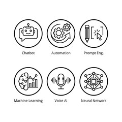 Fototapeta premium AI App Icon Pack Vector – Modern Artificial Intelligence UI Icons Set for Mobile Apps, Web Design, Chatbot, Machine Learning, Neural Network, Technology Interface