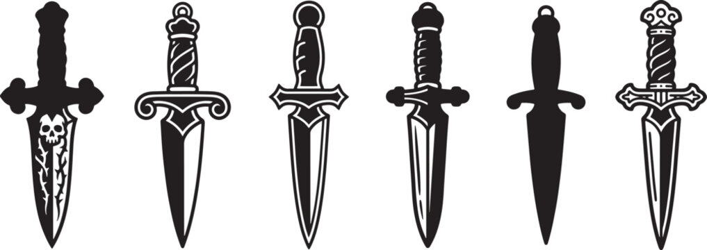 Medieval Dagger Vector Set Black Silhouette Illustration