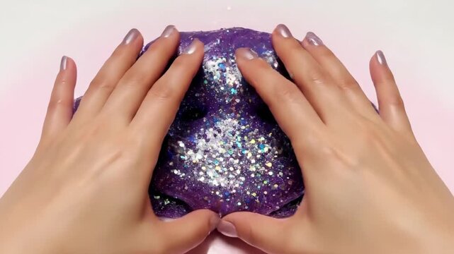 Hands Stretching and Squishing Purple Glitter Slime with Holographic Sequins on Pink Surface