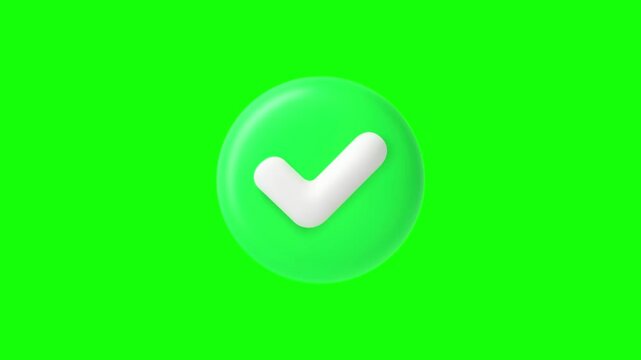 3D animated green check mark icons isolated on green screen for easy chroma key compositing