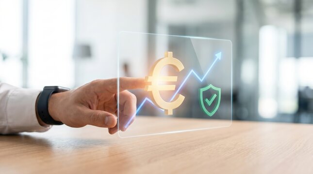 Financial Security and Growth Concept: Professional Hand Interacting with 3D Currency Hologram and Shield Icon on Digital Dashboard