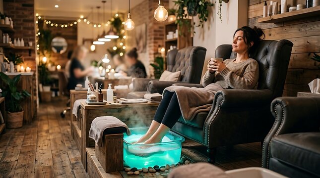 Pedicure Chair Client Feet Soaking Lit Basin Wide Shot Glowing Water Basin Client Relaxed Chair Warm Salon Light Medium Wide Editorial Pedicure Salon Photography