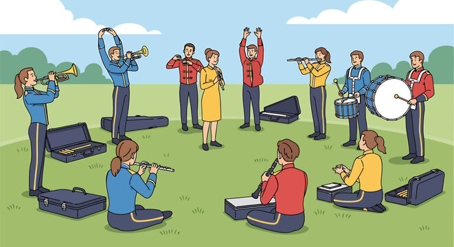 Colorful cartoon illustration of a lively outdoor brass band performing on green grass with musical instruments