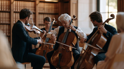 Fototapeta premium String quartet performing an intimate classical recital in a warmly lit historic library reading room, rows of leather-bound books as backdrop, audience of forty seated on rented chairs, summer conc