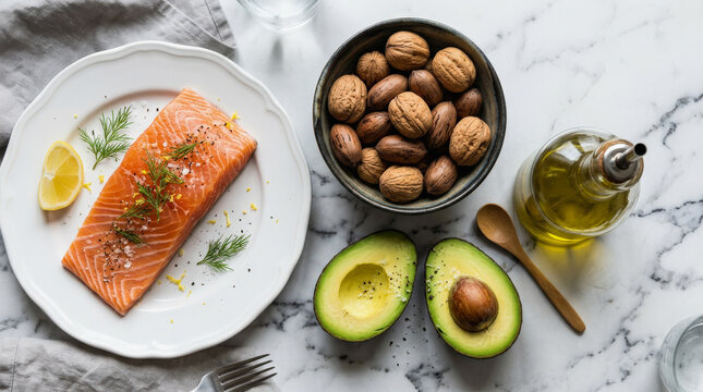 Fondo con alimentos que contienen grasas omega 3 saludables, salm&oacute;n, aguacate partido por la mitad, nueces en cuenco y aceite de oliva espa&ntilde;ol, todo encima de una mesa de marmol