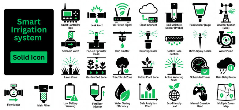 Solid vector of Smart Irrigation system icon set. Smart Irrigation system icon set. Smart irrigation and gardening icon set with sprinkler, sensor, timer, and drip system elements.