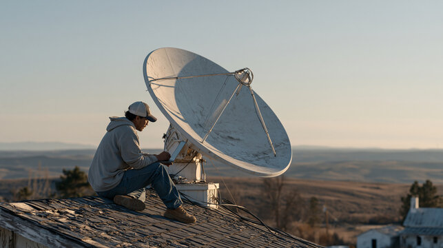 Rural telehealth broadband infrastructure worker installs satellite dish on farmhouse roof as elderly patient inside completes first remote physical therapy session, wide establishing shot connectin