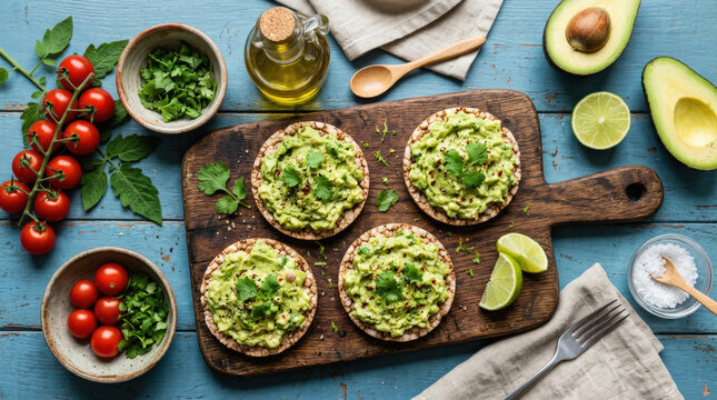 Tortitas de arroz con guacamole, encima de tabla de madera , rodeadas de aceite de oliva en frasco de cristal, tomates frescos en rama, servilleta, rodajas de lim&oacute;n, sal, encima de madera azul rustica