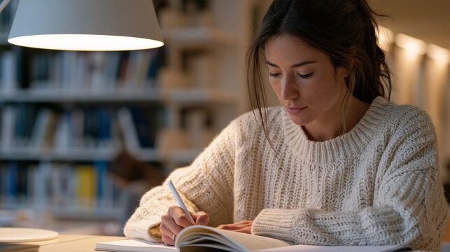 Pharmacology graduate student carefully documents double-blind placebo trial results in research notebook under focused desk lamp, university medical library shelves behind her, scientific rigor and