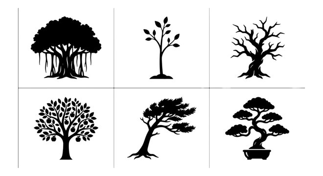 Diverse Tree Silhouettes Collection, 6 Vector Icons: Banyan, Sapling, Bare, Fruit, Windblown, Bonsai Styles for Nature, Garden, Eco Design