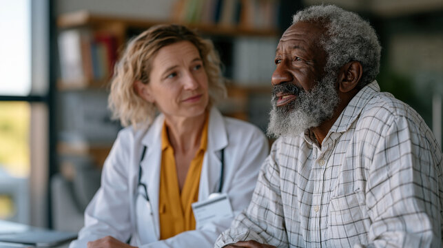 Placebo clinical trial coordinator explains consent process to elderly male volunteer across table in hospital research department, medical ethics communication and informed participation in pharmac