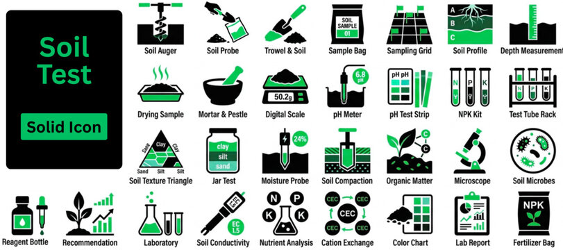 Solid vector of Soil Test icons set. Soil Test solid icons set. Soil testing and analysis icons depicting nutrient analysis and ph balance