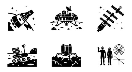 Space Exploration Icons Set: Rocket, Lunar Lander, Satellite, Rover, Space Station, Astronauts, Vector Graphics for Science and Technology Projects © Minhazul