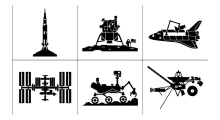 Space Exploration Icons: Rocket, Lunar Lander, Shuttle, ISS, Rover, Probe - Vector Set for Science and Technology Concepts © Tushar
