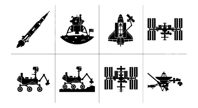 Space Exploration Icons: Rocket, Lunar Lander, Shuttle, ISS, Rovers, Satellite Set, Vector Graphics for Cosmic Concepts