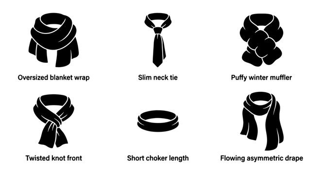 Winter Scarves and Neckwear Styles, 6 Vector Icons Set: Blanket Wrap, Slim Tie, Puffy Muffler, Twisted Knot, Choker, Asymmetric Drape, Fashion Accessories