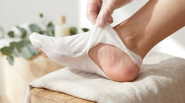 Foot Mask Socks Being Peeled Off Skin Reveal Exfoliating Foot Mask Peel White Sock Removed Satisfying Reveal Moment Close-Up Side Shot Editorial Foot Care Beauty Photography