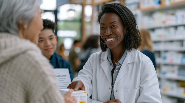 OTC recommendation consultation between bilingual pharmacist and elderly Asian grandmother in crowded vibrant urban pharmacy, translator card on counter, grandson present for support, pharmacist poi