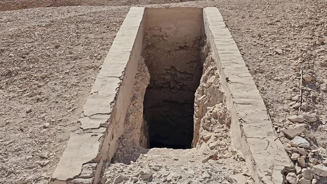 Open ancient Egyptian tomb shaft cut into desert limestone ground in Valley of the Queens, Luxor, Egypt, dark underground entrance surrounded by rubble and rocky desert terrain.