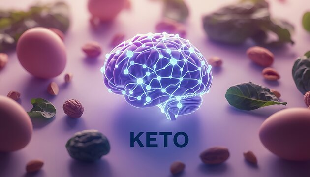 A glowing brain illustration surrounded by colorful keto-friendly foods symbolizing the ketogenic diet and its impact on cognitive function