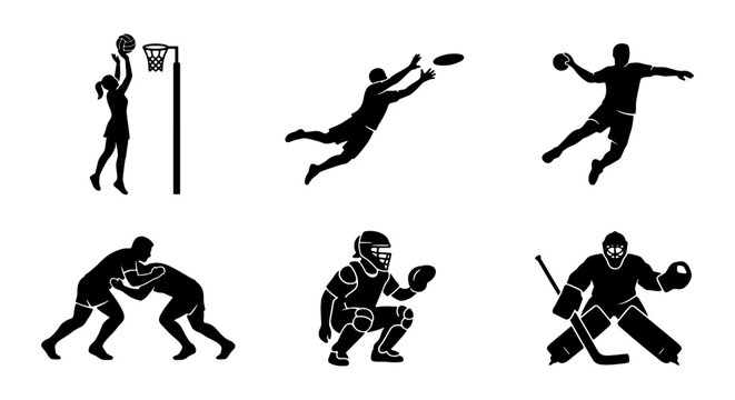 Dynamic Sports Silhouettes: Action-Packed Vector Icons for Basketball, Ultimate Frisbee, Handball, Wrestling, Baseball Catcher, and Ice Hockey Goalie