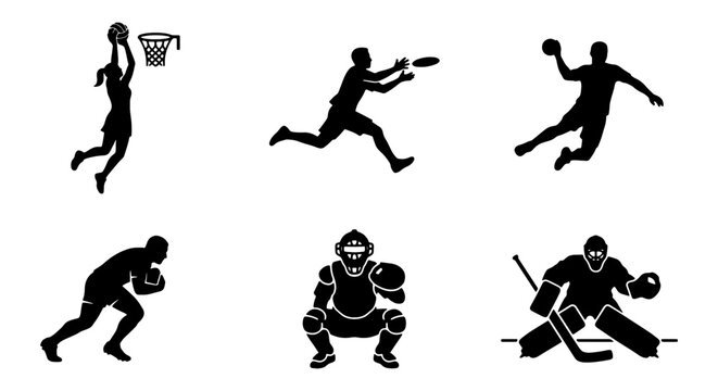 Diverse Sports Silhouettes Set: Basketball, Ultimate Frisbee, Handball, Football, Baseball Catcher, Ice Hockey Goalie, Action Figures, Athletic Icons, Vector Graphics for Sport Themes