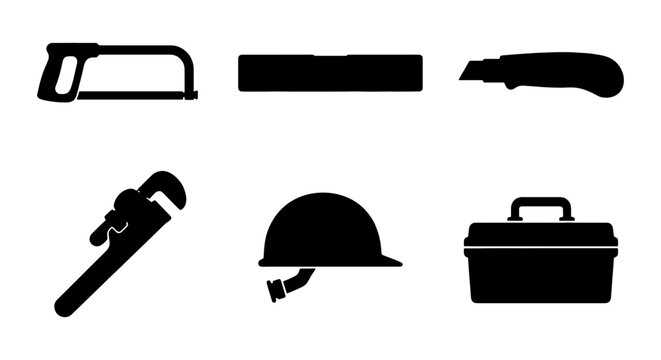 Construction Tools Set, Black Silhouette Icons: Hacksaw, Utility Knife, Pipe Wrench, Hard Hat, Toolbox, Vector Graphics for DIY, Repair, and Industry Projects