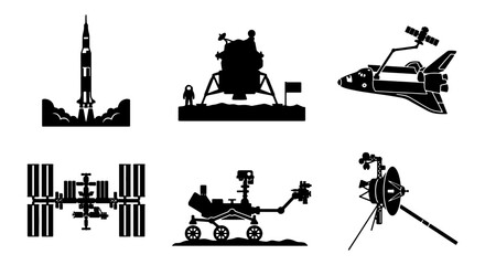Space Exploration Vector Icons: Rockets, Space Shuttle, Lunar Lander, Rover, ISS, Satellite Silhouettes for Science and Technology Projects © Minhazul