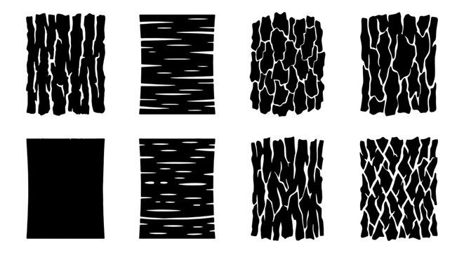 Set of 7 Black and White Bark Texture Vector Graphics, Natural Wood Grain Patterns for Design Backgrounds, Organic Surface Overlays, Abstract Tree Skin Elements