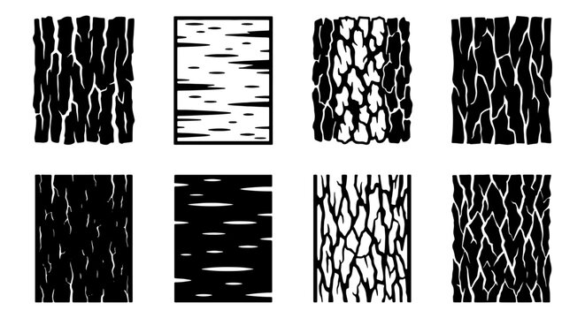 Set of 8 Vector Textures: Rough Bark Patterns, Natural Wood Grain, Organic Surface Designs, Black and White Organic Textures for Graphic Design