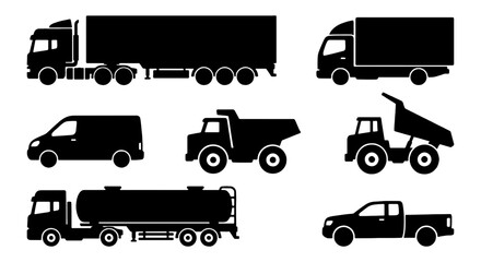 Diverse Truck and Vehicle Silhouettes Collection, Commercial Transport Icons, Logistics and Delivery Icons, Heavy Duty and Light Duty Vehicle Graphics © Rakib