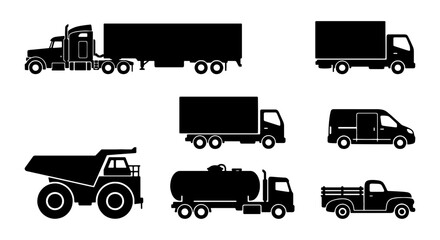 Diverse Truck and Van Silhouettes Collection, Commercial Vehicle Icons Set, Transportation Vector Graphics for Logistics and Delivery © Rakib