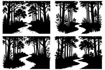 Fototapeta premium Silhouette forest pathways with tall trees and curved trails.