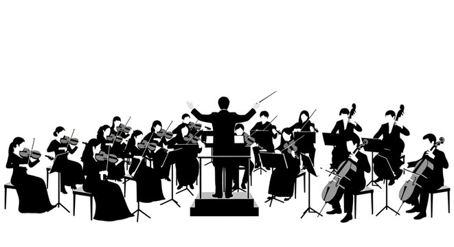 Silhouette of a conductor leading an orchestra on stage with musicians playing instruments