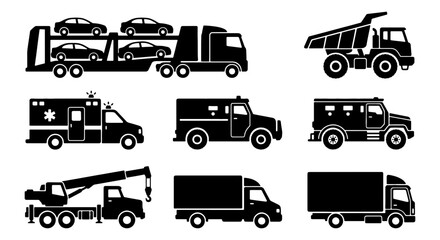 Diverse Vehicle Icons: Car Carrier, Dump Truck, Ambulance, Armored Car, Crane Truck, Box Truck, Cargo Van - Vector Set © Ahsan