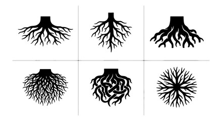 Diverse Tree Root Systems Vector Icons, Organic Growth Patterns, Natural Foundation Concepts, Plant Biology Illustrations © Ahsan
