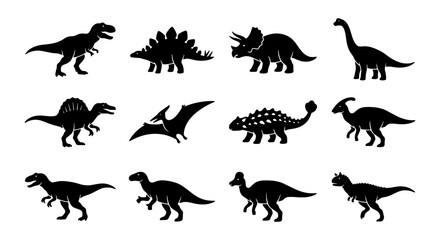 Dinosaur Silhouettes Collection, Prehistoric Reptile Icons, Jurassic Era Creatures Vector Set, Ancient Wildlife Graphics © Naimul