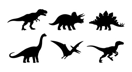 Silhouette Dinosaur Icons Set: Tyrannosaurus Rex, Triceratops, Stegosaurus, Brachiosaurus, Pterodactyl, Velociraptor, Prehistoric Animal Vector Graphics for Kids and Educational Content © Naimul