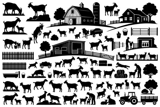 Silhouette farm scene with goats and barns.