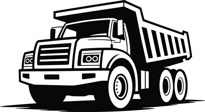Dump truck front side view silhouette graphic heavy construction vehicle illustration isolated on white background for logistics design concepts showing powerful transportation power.