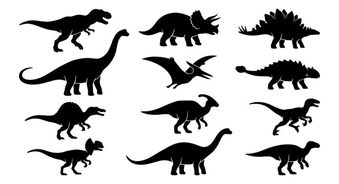 Dinosaur Silhouettes Collection, Prehistoric Reptile Vector Icons, Jurassic Era Creatures Set, Ancient Wildlife Graphics