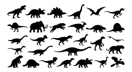 Diverse Dinosaur Silhouettes Collection, Prehistoric Creatures Vector Icons, Ancient Reptiles Graphic Elements, Jurassic Era Animal Set © Naimul