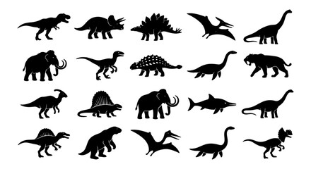 25 Prehistoric Animal Silhouettes, Dinosaur Vector Icons, Mammoth and Pterodactyl Graphics, Ancient Creature Set for Educational and Design Projects © Naimul