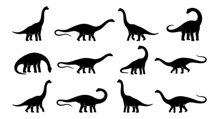 Dinosaur Silhouettes Collection, Prehistoric Reptile Vector Icons, Brontosaurus and Sauropod Poses, Ancient Creature Graphics for Kids and Education © Naimul