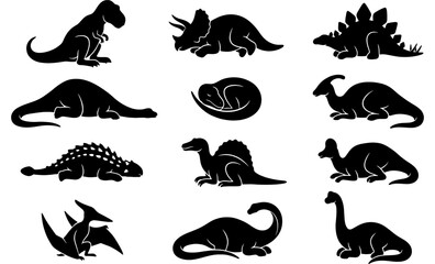 Dinosaur Silhouettes Collection, Prehistoric Reptile Vector Icons, Jurassic Era Creatures Graphic Set, Ancient Animal Illustrations © Rakib