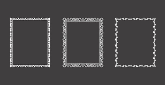 Vector set of Vintage lace rectangular frames with ornate floral details. Decorative hand-drawn romantic borders. Design for wedding invitations, valentine cards, love branding
